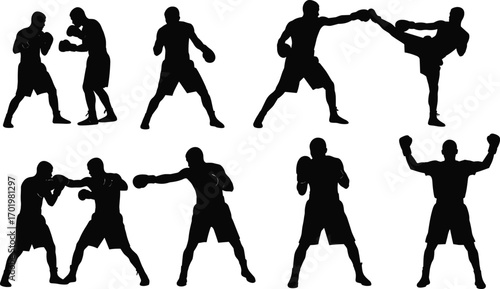 Boxing silhouette fighters, martial arts training poses, combat sports illustration, punching and kicking actions, athlete strength practice, self defense vector artwork