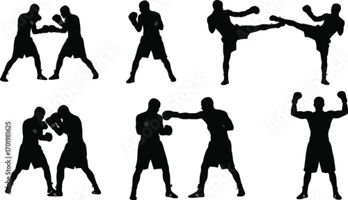 Boxing silhouette fighters, martial arts training, combat sports action, punching and kicking poses, athlete practice illustration, self defense vector design artwork