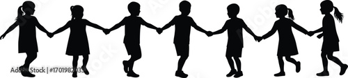 Children holding hands silhouette, group of kids teamwork, friendship unity, happy childhood play, outdoor activity, bonding together, vector illustration design