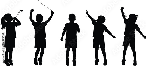 Children jumping rope silhouette, active kids skipping rope, outdoor play, fitness exercise, healthy lifestyle, childhood activity, fun sport, vector illustration design