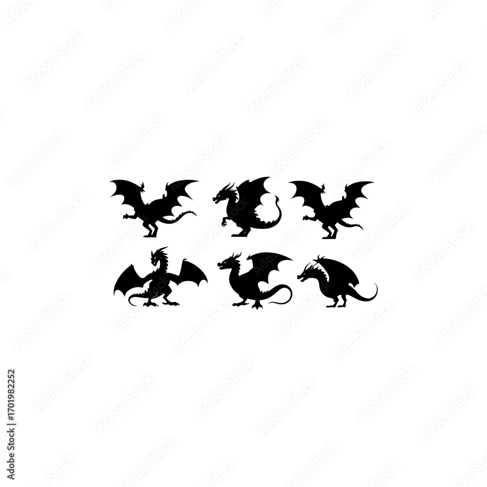 Naklejka premium Set of dragon silhouette 