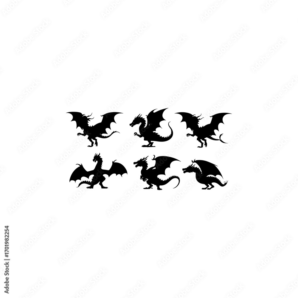 Naklejka premium Set of dragon silhouette 