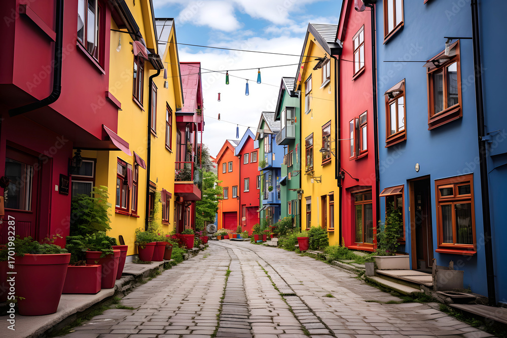 Fototapeta premium Vibrant colored houses line a cobblestone street in a charming coastal village on a rainy day