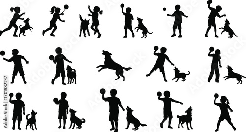 Children playing with dogs, kids holding ball, pet activity fun, outdoor game, animal friendship, happy puppy, silhouette vector illustration