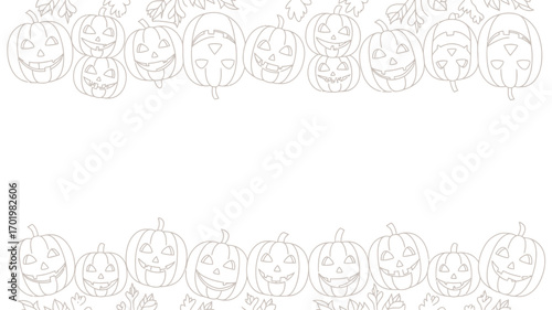 Outlines of pumpkins and leaves in a halloween border design with white background and empty space in the middle