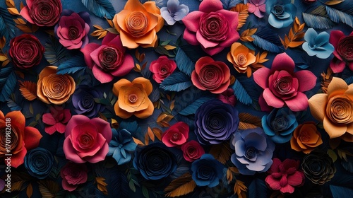 Colorful paper flowers and leaves arranged in a decorative pattern