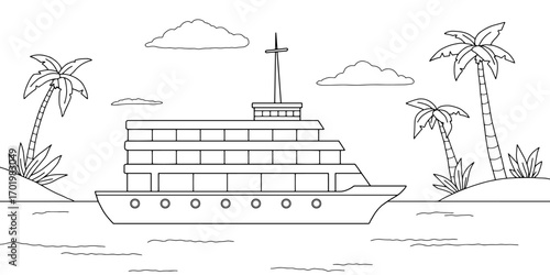 Cruise ship graphic black white landscape sketch illustration vector 