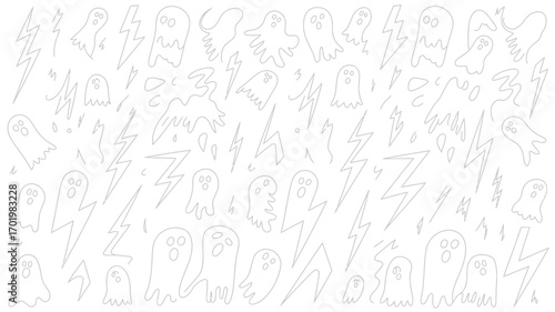 White background filled with cartoon ghosts and lightning bolts in a repeating pattern design