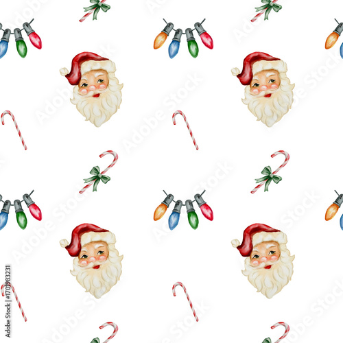 Cheerful watercolor pattern featuring Santa Claus and festive ornaments for holiday wrapping