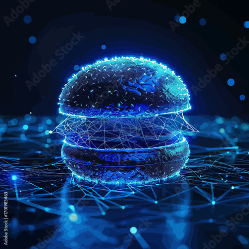 Blue wireframe digital lines forming hamburger