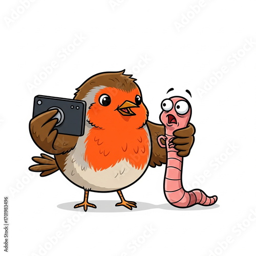 A cartoon chick and a worm take a selfie