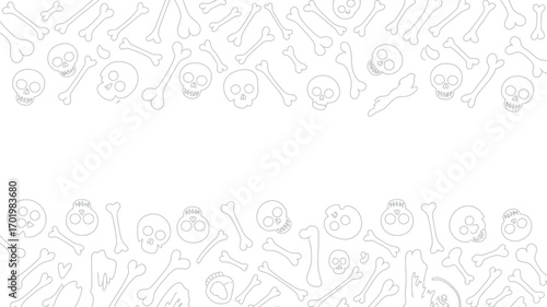 A white background with skulls and bones arranged in two rows at the top and bottom edges
