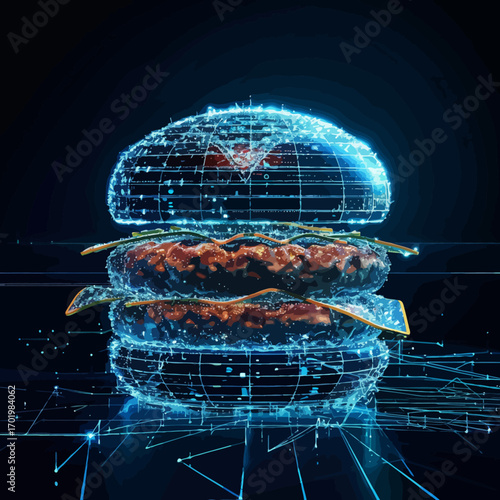 Blue wireframe digital lines forming hamburger