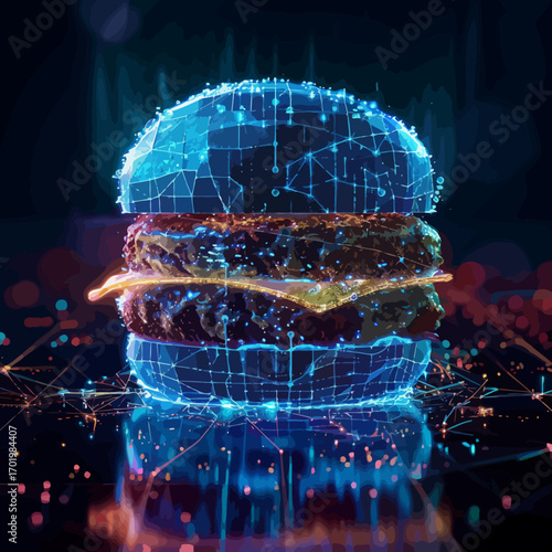 Blue wireframe digital lines forming hamburger