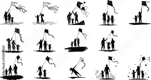 Family flying kite silhouette vector, outdoor activity illustration, children with parents, playful fun graphic, sky wind leisure design, happiness concept