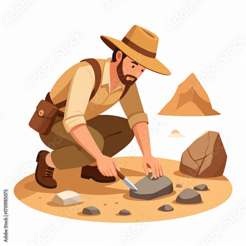 Vector Illustration of Archaeologist Excavating Ancient Artifact in Desert