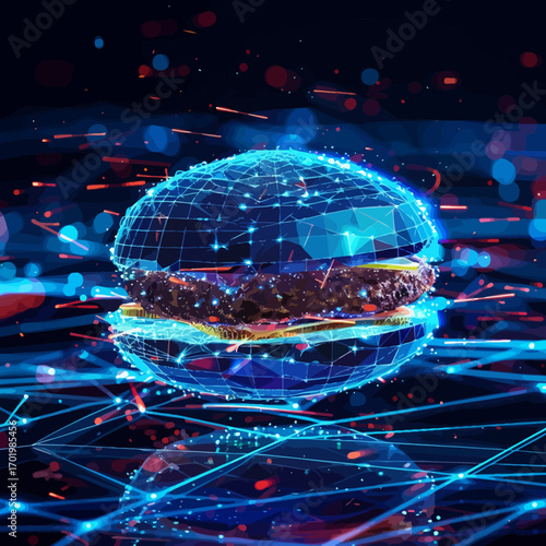 Blue wireframe digital lines forming hamburger
