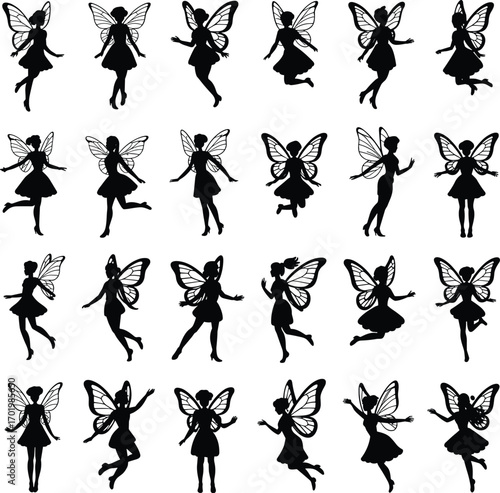 Collection of fairy silhouettes in various poses, magical winged girls, fantasy characters, whimsical dancers, enchanted figures, mystical fairies, magical silhouettes set