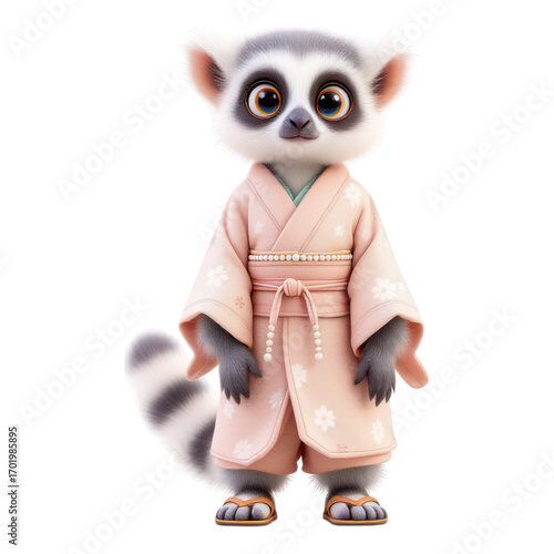 Cute lemur character wearing a traditional Japanese kimono and sandals.