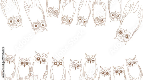 Outlined owls in two rows with some owls upside down and some right side up on a white background