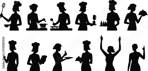 Female chef cooking silhouettes, kitchen activity, preparing food, holding utensils, serving meals, culinary poses, restaurant staff vector illustration
