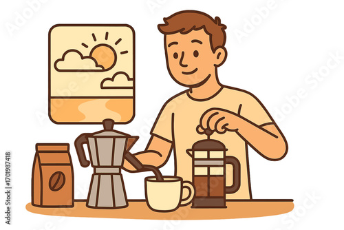 Man brewing coffee with moka pot and french press. Morning routine at home. Person making hot beverage for breakfast. Barista lifestyle. Espresso maker vector illustration.