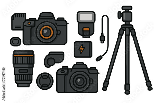 Photography equipment set. Vector cartoon illustration of camera, lens, tripod, flash, and accessories. Professional photographer gear for creative projects or studio work. Photo icon.