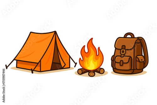 Camping equipment vector icon set. Tent, campfire, backpack for outdoor adventure, hiking, tourism. Survival gear for nature exploration. Cartoon illustration of camp life.