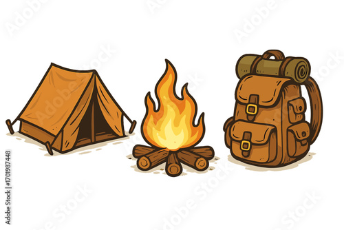 Camping essentials icon set for outdoor adventure. Vector cartoon illustration of a tent, campfire, and backpack. Hiking gear and survival equipment for nature tourism and travel.
