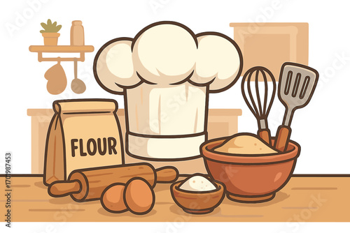 Baking ingredients and kitchen utensils concept. Chef hat, flour, eggs, and rolling pin for cooking preparation. Vector illustration for bakery, culinary school, or food blog.