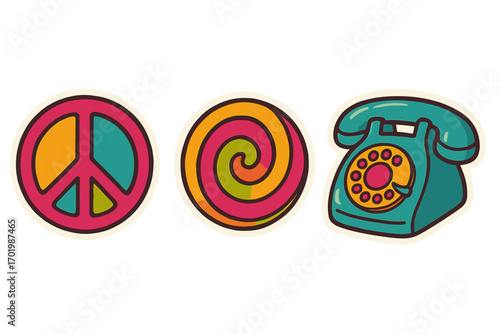 Set of retro hippie stickers. Psychedelic collection with peace symbol, groovy spiral and vintage telephone. Vector cartoon illustration for 60s or 70s nostalgia design.