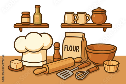 Baking ingredients and kitchen utensils concept. Chef hat, flour, rolling pin, and whisk for cooking. Cartoon vector illustration for bakery, patisserie, or culinary blog.