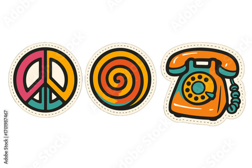 Set of groovy retro stickers. Hippie style 60s 70s. Vintage phone, peace symbol, and psychedelic spiral design. Colorful vector cartoon illustration. Nostalgic elements.