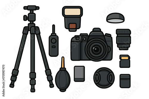Photographer gear flat lay concept. Vector icon set of camera equipment for photography. Includes dslr, lens, tripod, flash, remote, memory card and other accessories.