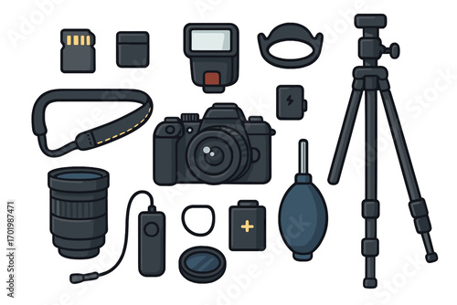 Photographer equipment and gear set. Vector illustration of professional camera, lens, tripod, flash, memory card. Flat cartoon icons for photography creative project.