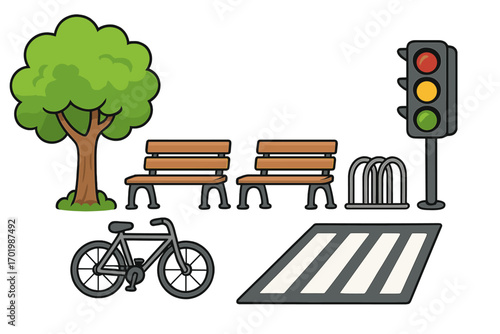 City park and street elements set for urban planning. Vector cartoon collection with tree, bench, bicycle rack, traffic light, crosswalk and bike. Public space design.