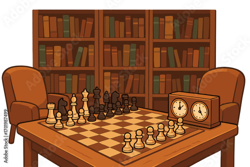 Chess game setup in a cozy library. Intellectual hobby and strategy competition concept. Board with pieces, timer, and armchairs in a room with bookshelves. Vector illustration.