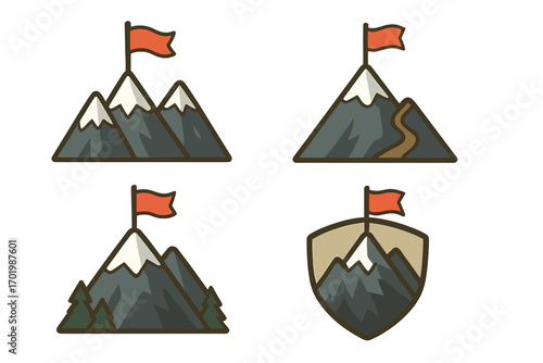 Mountain with flag icon set. Metaphor for success, goal achievement, and victory. Leadership and mission accomplished concept. Climbing, hiking, and outdoor adventure symbols.