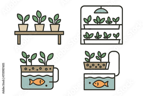 Indoor gardening and aquaponics system vector icon set. Minimal illustrations of urban farming, hydroponics, houseplant. Concept of sustainable home ecosystem with fish and plants.