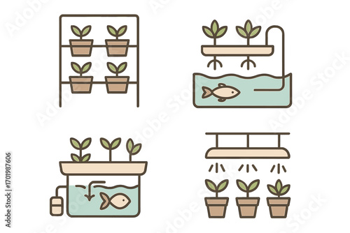 Aquaponics and indoor gardening icon set. Vector illustration of urban farming. Sustainable agriculture concept. Hydroponics, vertical farm, grow light, fish tank symbols.