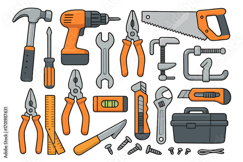 Hand tools set vector collection. DIY repair kit. Construction equipment icon. Hammer, drill, saw, screwdriver, pliers, wrench. Carpentry, workshop, maintenance concept.