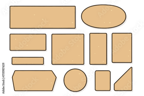 Collection of textured paper shapes. Set of blank kraft paper labels, tags, banners, and frames. Vintage cardboard design elements. Empty retro text boxes for messages.