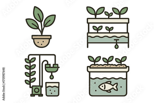 Indoor gardening icon set. Aquaponics and hydroponics system. Home cultivation and urban farming concept. Plant growing technology vector illustration collection. Minimalist style.