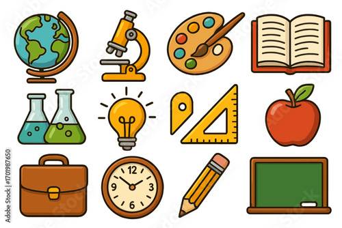 Education icon set. School subjects and learning tools. Vector cartoon pack of globe, book, science, art palette, math ruler, and apple for the back-to-school concept.