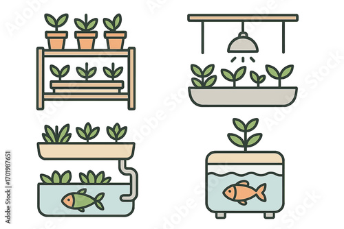 Aquaponics and hydroponics icon set. Indoor gardening and urban farming concept. Symbiotic ecosystem with fish and plants. Vector illustration for sustainable agriculture.