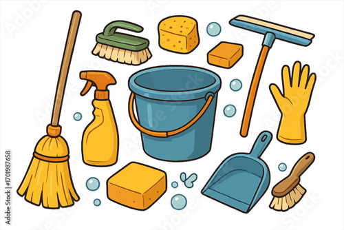 Cleaning tools vector set. Household chores & domestic cleaning equipment. Cartoon illustration of broom, bucket, spray, sponge, brush, dustpan, glove, squeegee icons.