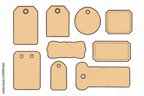 Collection of vintage paper tags and labels. Blank retro cardboard price tags. Old grunge gift tag elements for craft. Vector sale sticker, message badge and banner set.