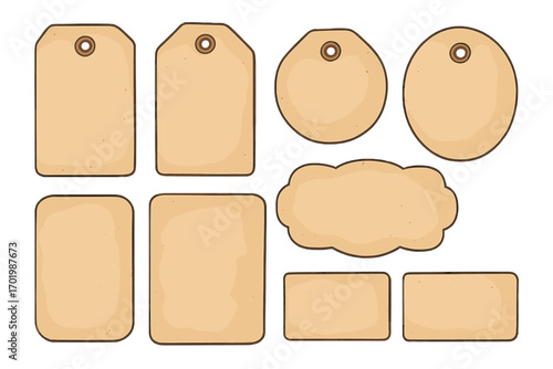 Collection of vintage blank paper tags and retro labels. Set of old cardboard gift tags and price labels for craft and scrapbook projects. Vector design elements isolated.