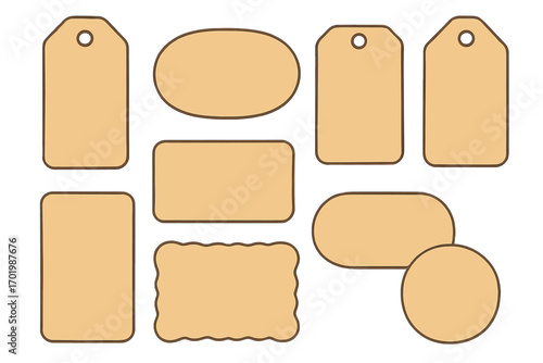 Set of vintage blank paper tags, retro labels. Old aged parchment and cardboard gift or price tag for creative craft projects. Scrapbooking design elements collection. Vector.