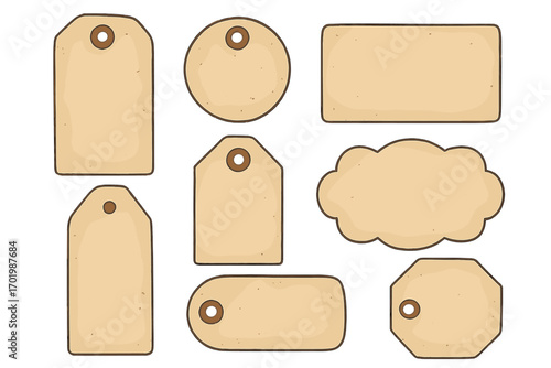 Collection of vintage blank paper tags and labels. Set of various shaped empty cardboard gift tags. Price tag for creative projects and crafts. Vector on white background.